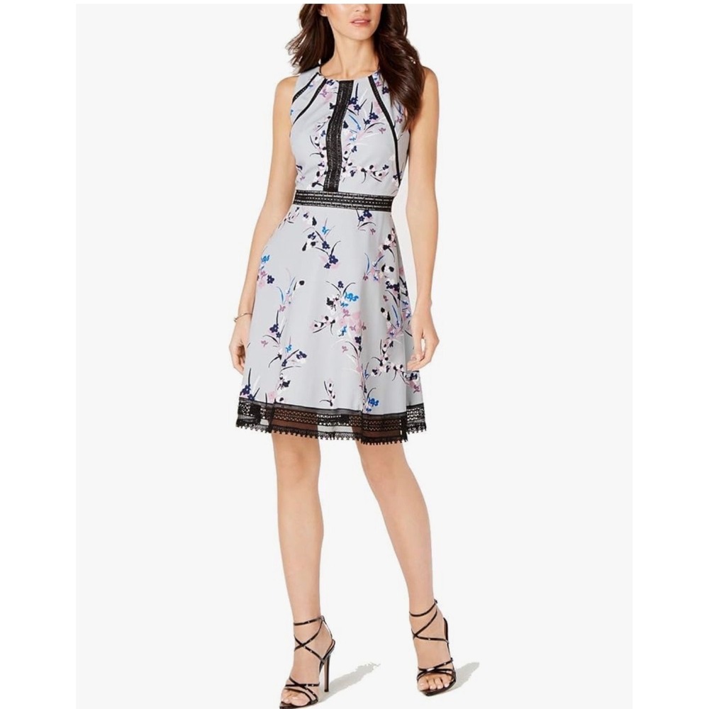 GUESS LOS ANGELES Floral Lace Trim A Line Chic Designer Party Dress Garden Sz14